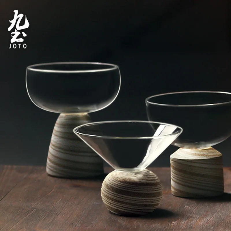 Handcrafted Glass Clear Teacup With Wooden Base