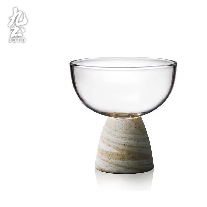Handcrafted Glass Clear Teacup With Wooden Base