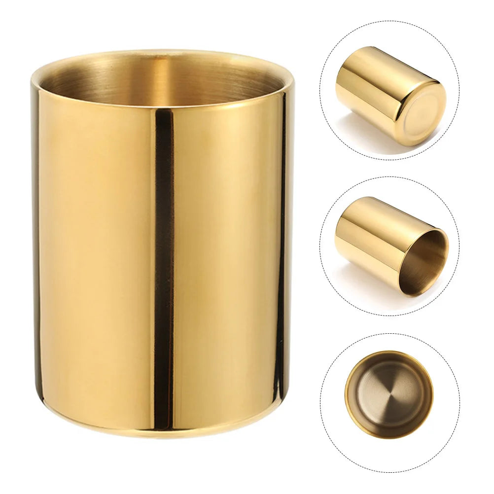Organize your desk with this elegant gold stainless steel pen holder, perfect for pens, brushes, and small items—durable and stylish for any workspace.
