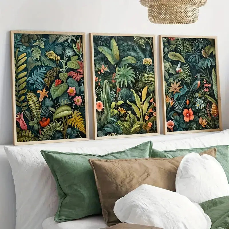 Transform your space with this 3Pcs/Set Frameless Rainforest Plants Canvas Art, perfect for adding a modern touch to any bedroom or living room decor.