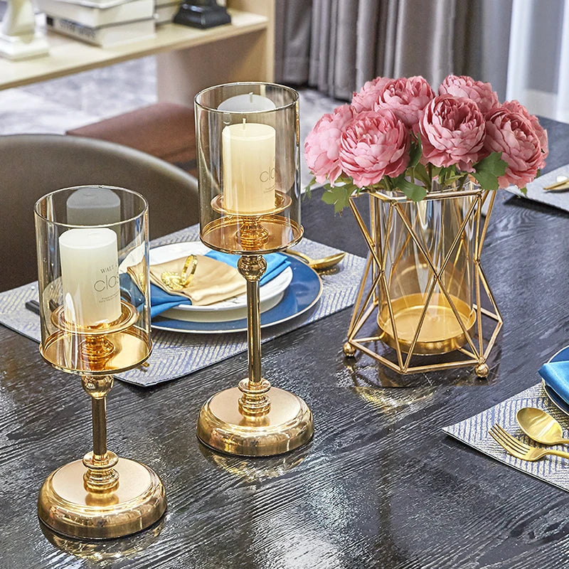 Golden Glass Pillar Candle Holder