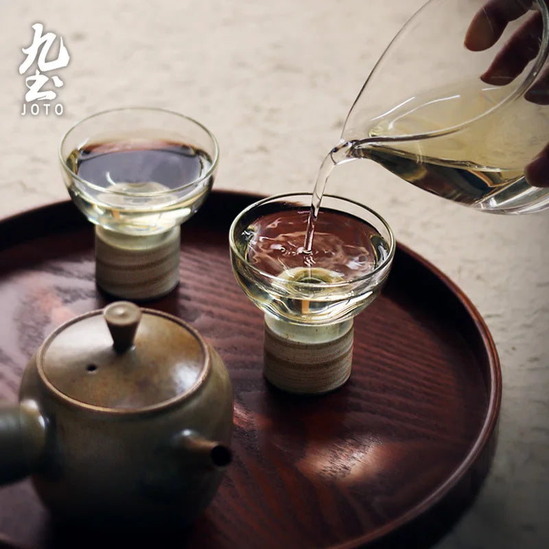 Handcrafted Glass Clear Teacup With Wooden Base