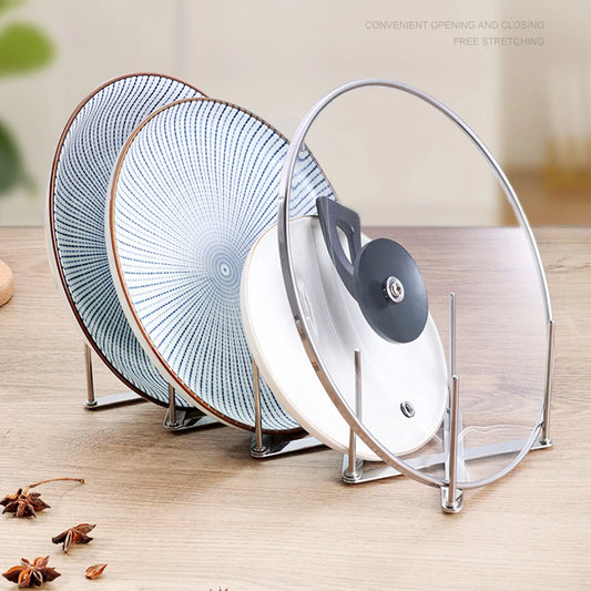 Discover versatility and durability with our Retractable Stainless Steel Pot Lid Rack. Organize dishes effortlessly with its adjustable design and stable support.