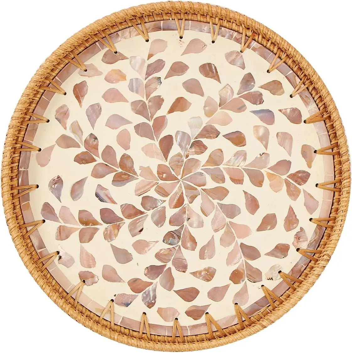 Round Rattan Tray With Pearl Inlay For Coffee And Fruit