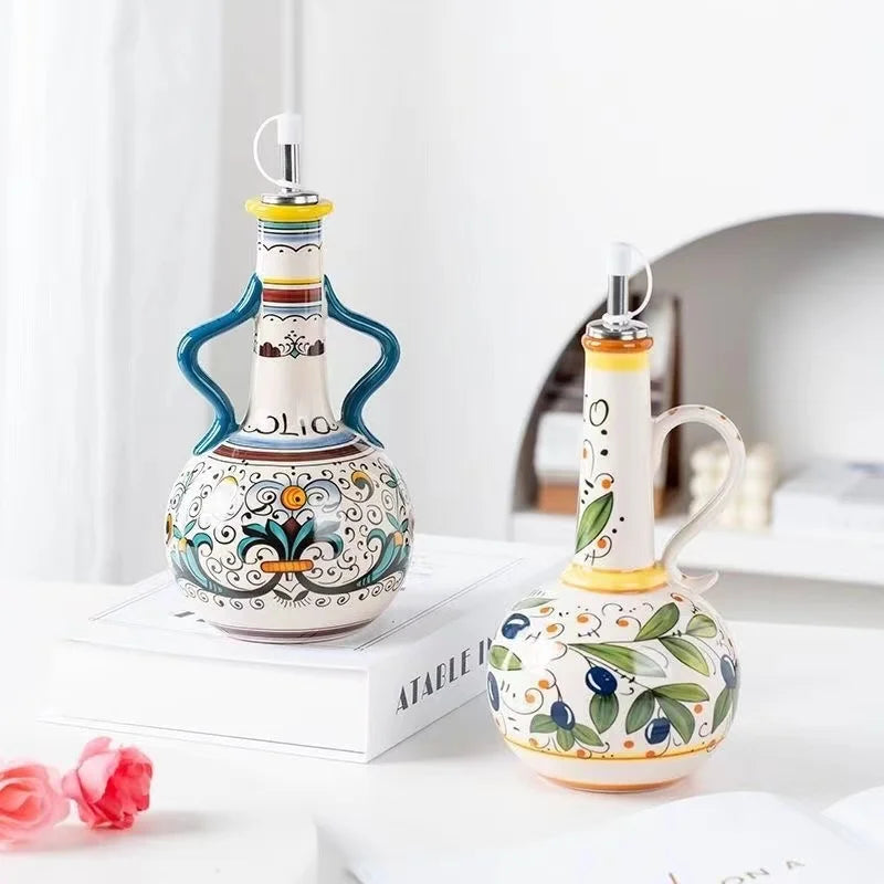 Hand Painted Ceramic Olive Oil Leakproof Bottle