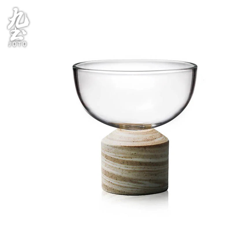 Handcrafted Glass Clear Teacup With Wooden Base