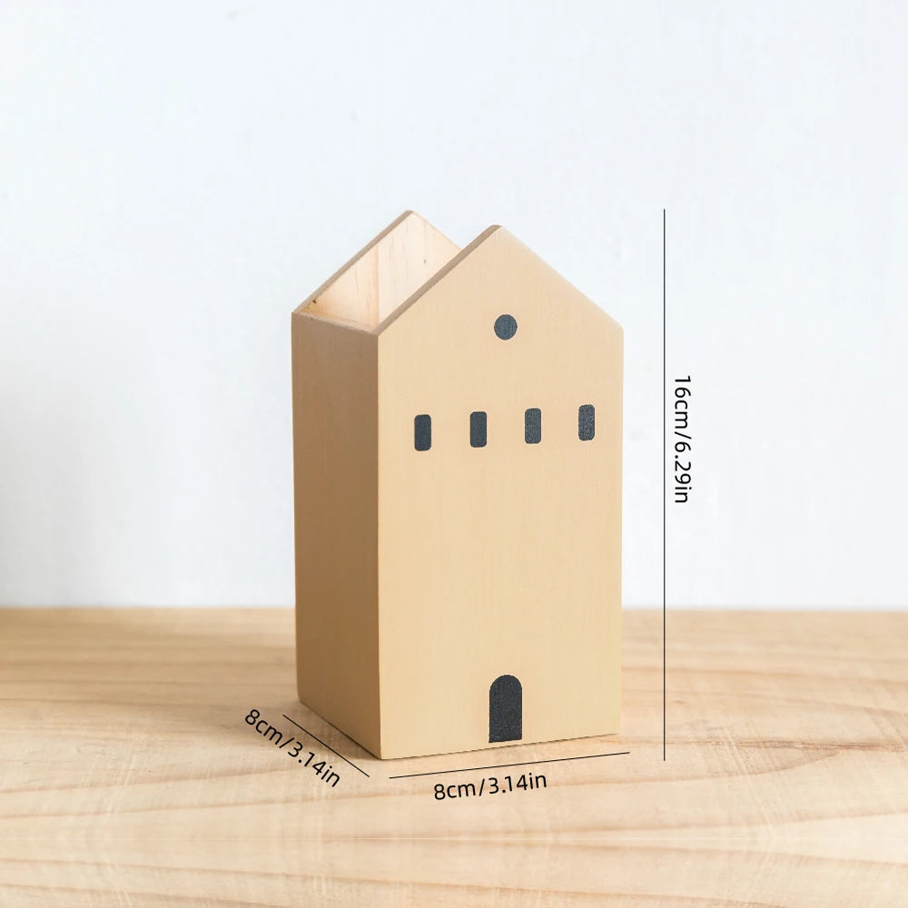Cartoon House Wooden Pen Holder