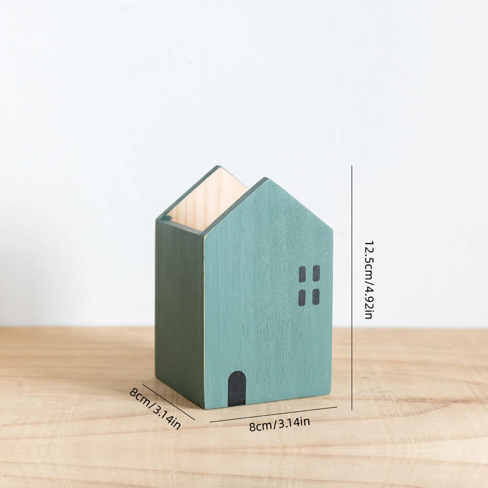 Cartoon House Wooden Pen Holder