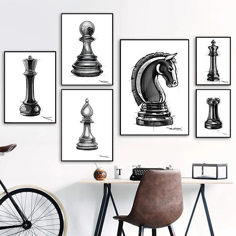 Elevate your living room with our Modern Chess Canvas Print, featuring iconic game pieces in a stylish sketch design for unique home decor.