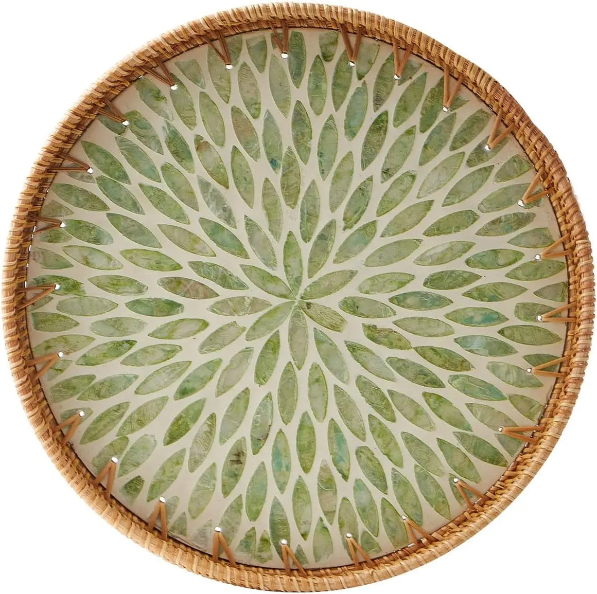 Round Rattan Tray with Pearl Inlay delivers stylish storage and displaying for coffee, bread, and fruit - elevate your table with timeless charm; Shop now.
