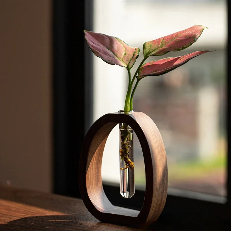 Elevate your decor with our Walnut solid wood flower ware, a creative glass plant stand for stunning water-cultured flower arrangements.