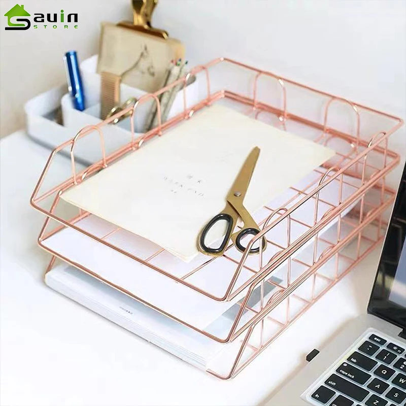 Organize your space with the Nordic Rose Gold Storage Basket, perfect for magazines and documents, adding elegance and functionality to any desktop.