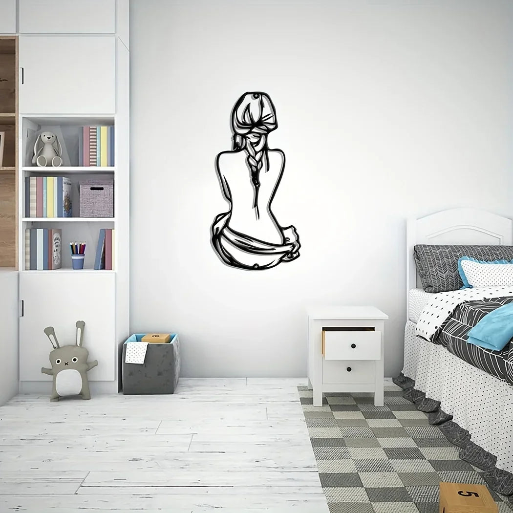 Enhance your space with this minimalist line art of a braid-haired woman. This striking metal wall decor adds contemporary style and sophistication to any room.