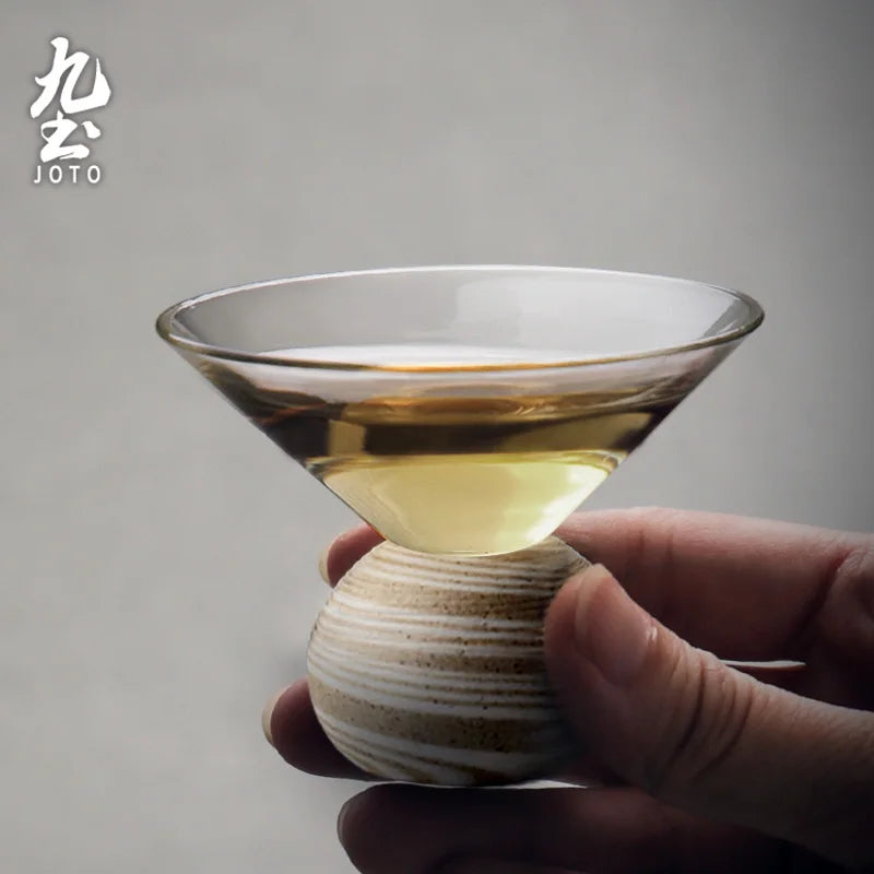 Handcrafted Glass Clear Teacup With Wooden Base