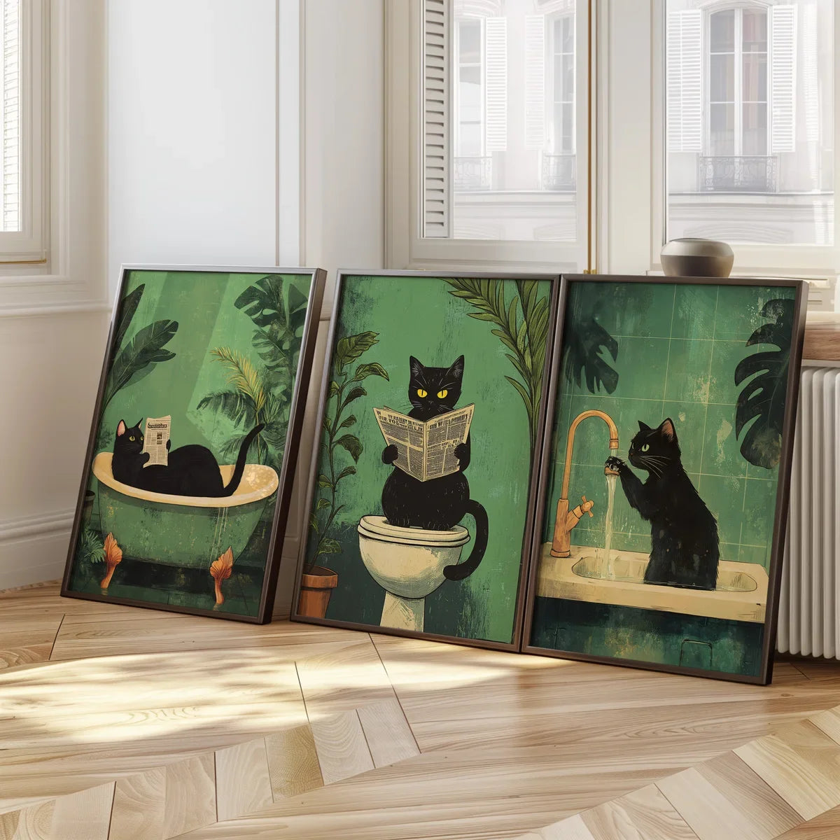 Add quirky charm with a retro black cat canvas poster—funny toilet wall art perfect for modern bathroom, bedroom or living room decor.
