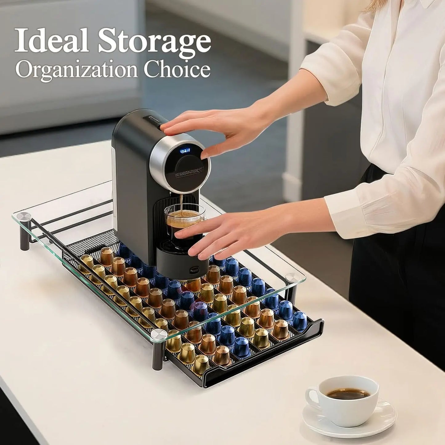 Metal Drawer Tempered Glass Nespresso Pod Storage