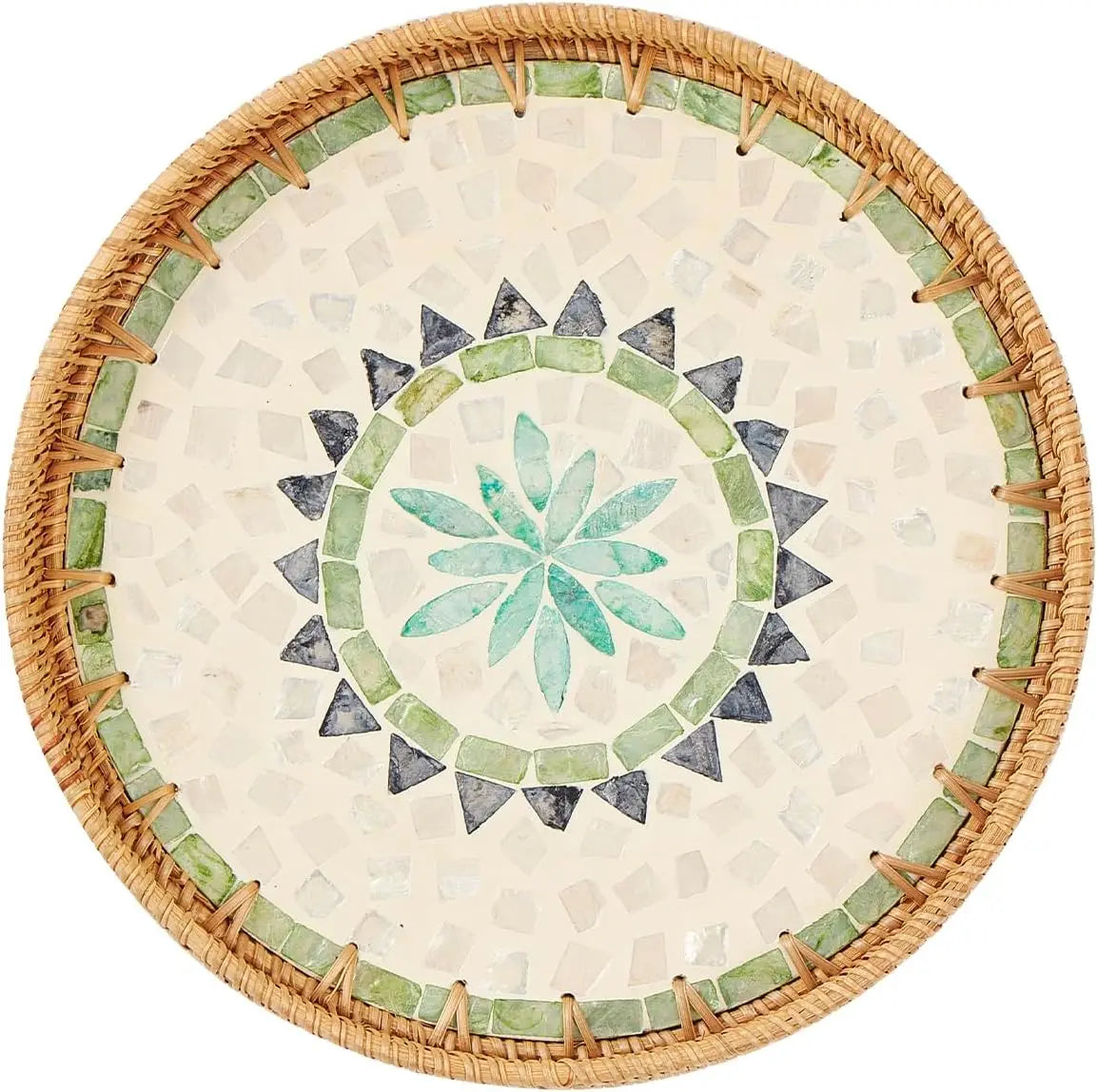Round Rattan Tray With Pearl Inlay For Coffee And Fruit