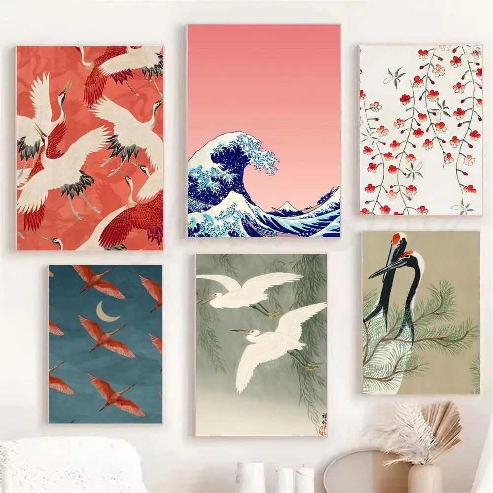 Japanese-style Red Crane Hokusai poster — HD paper wall art print for living room, hotel, bar or cafe décor; elegant, eclectic home wall painting.