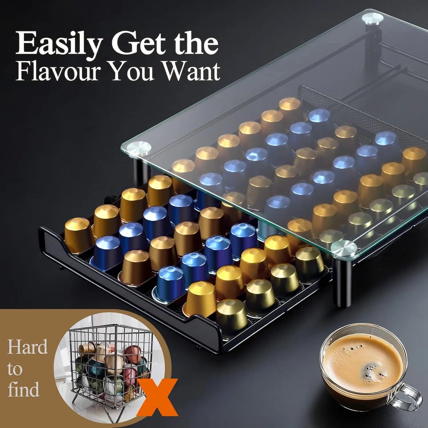 Metal Drawer Tempered Glass Nespresso Pod Storage