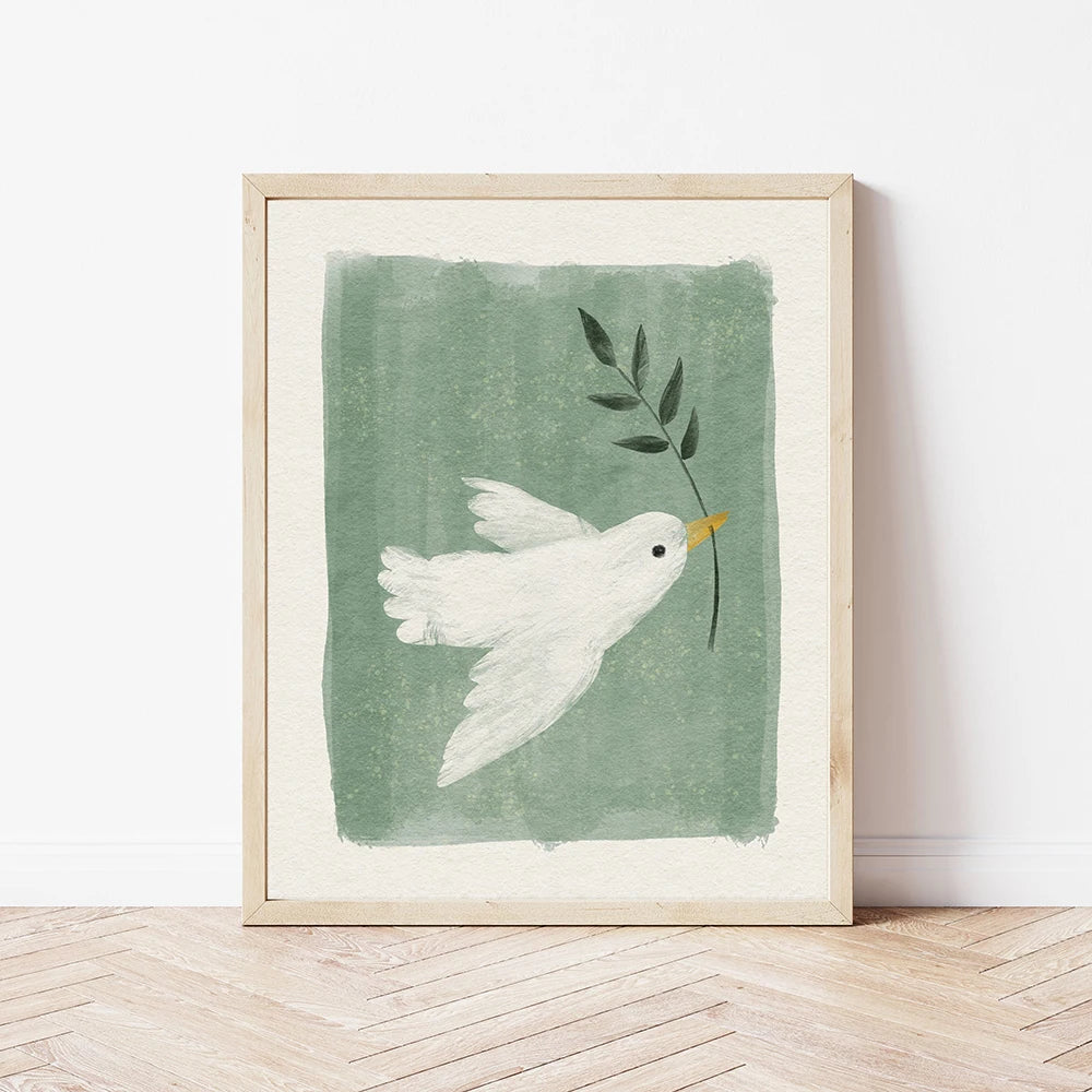 Nordic minimalist peace dove canvas with olive branch—charming nursery wall art print to brighten kids' rooms and elevate modern home décor.