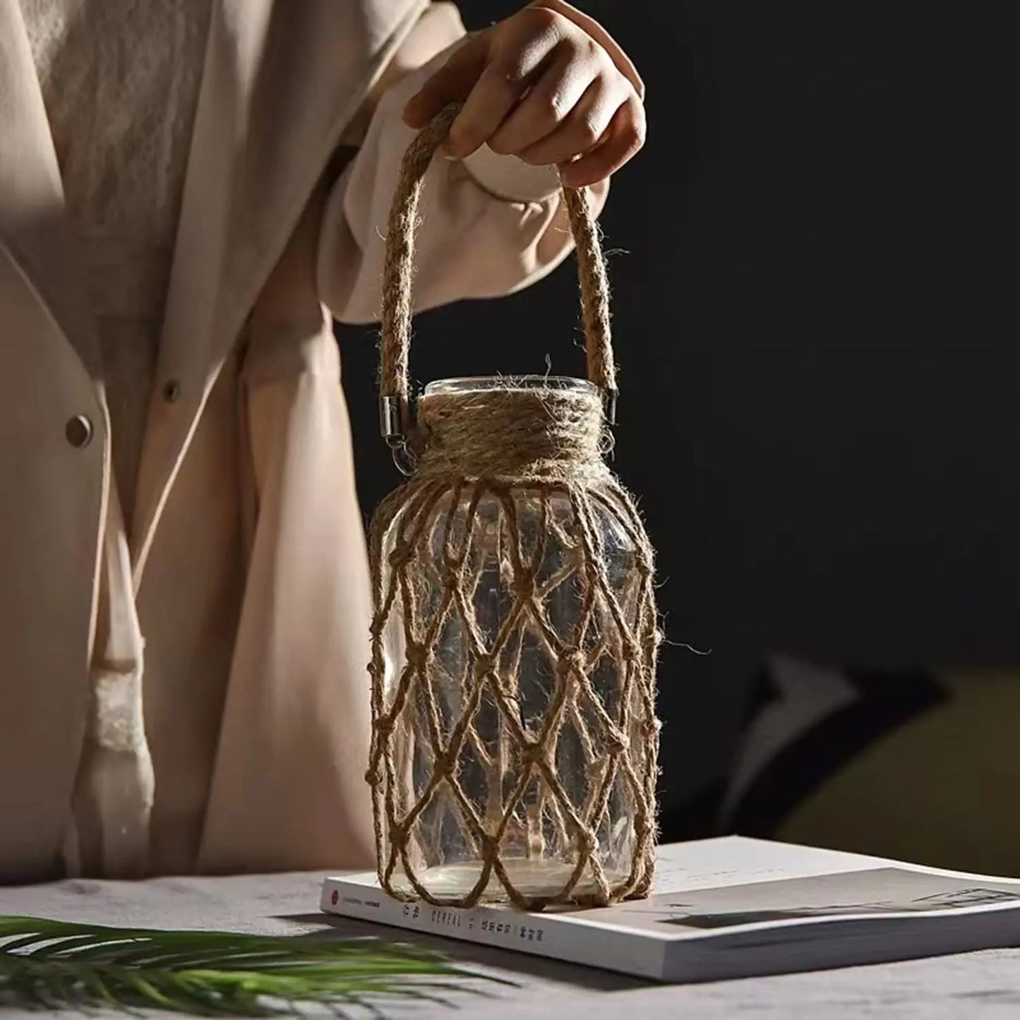 Rustic Hanging Glass Vase with Hemp Rope