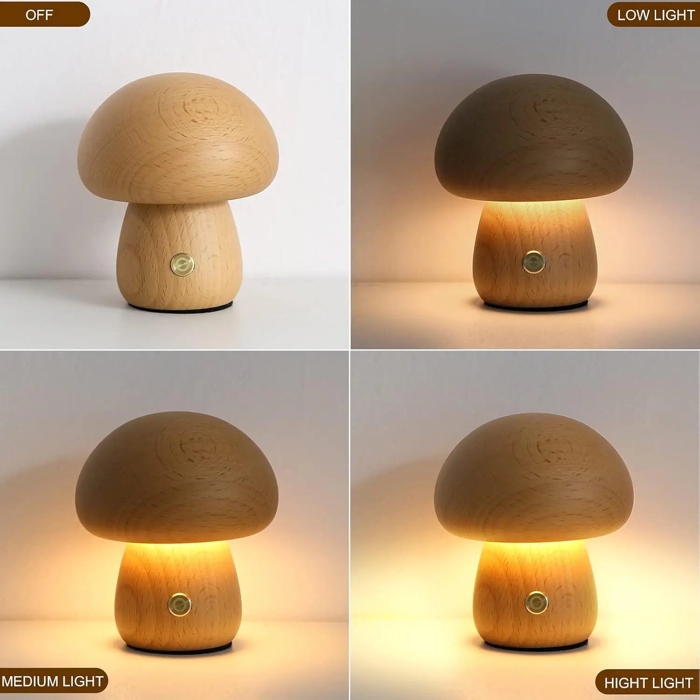 Dimmable Wooden Mushroom Night Light Rechargeable