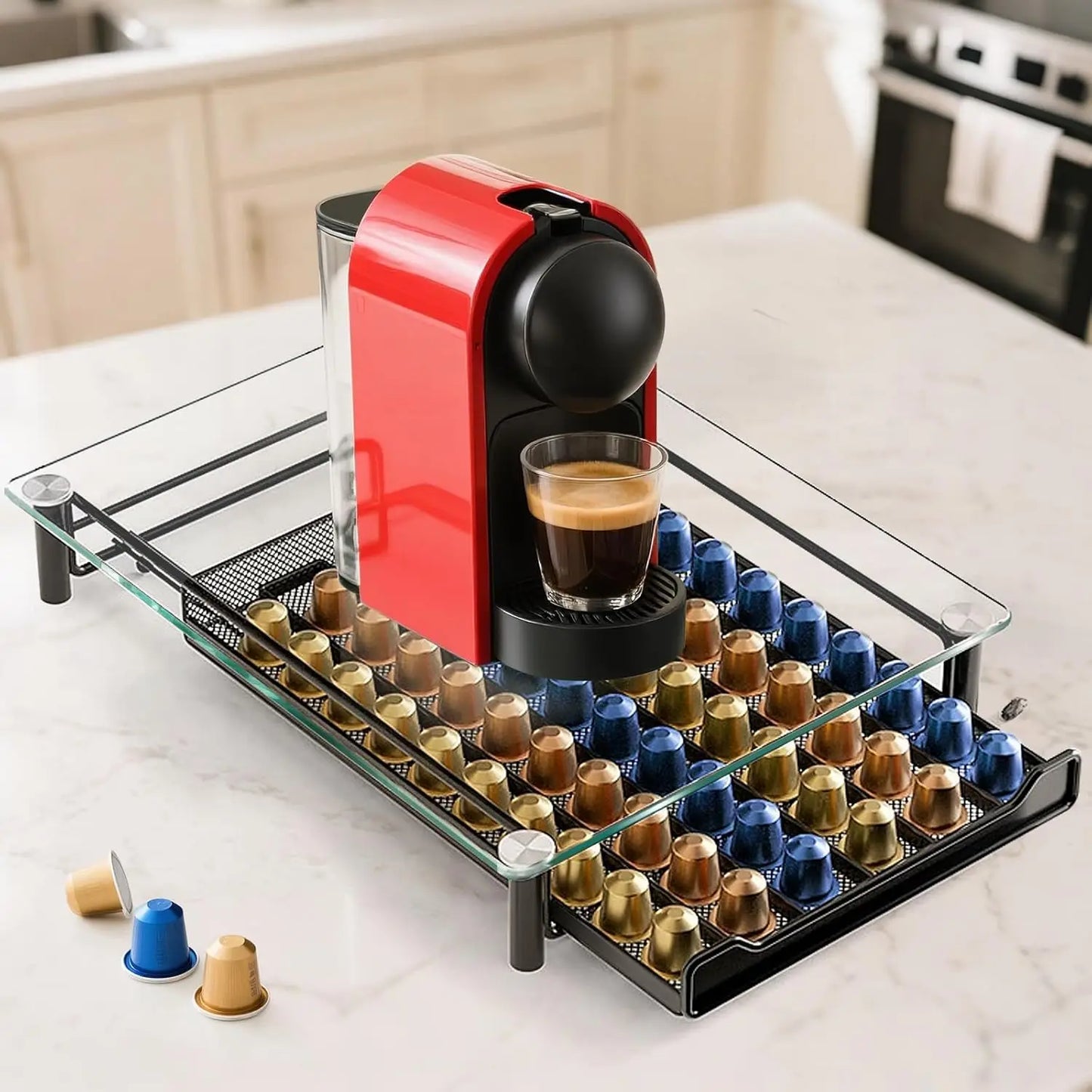Metal Drawer Tempered Glass Nespresso Pod Storage