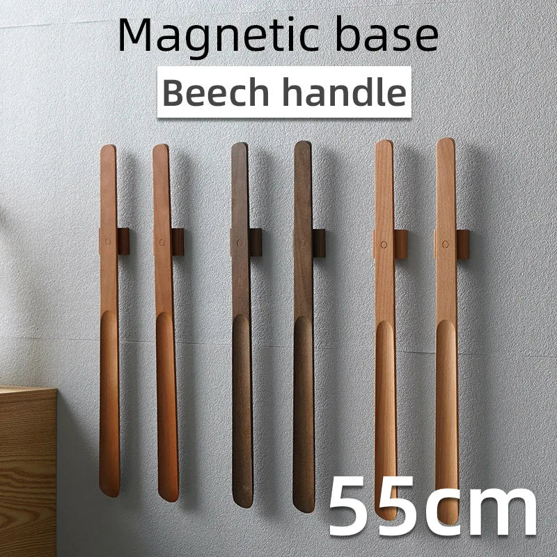 Effortlessly wear your shoes with our 55CM Magnetic Shoe Horn featuring a stylish beech wood handle in vintage, natural, and nut-brown colors.