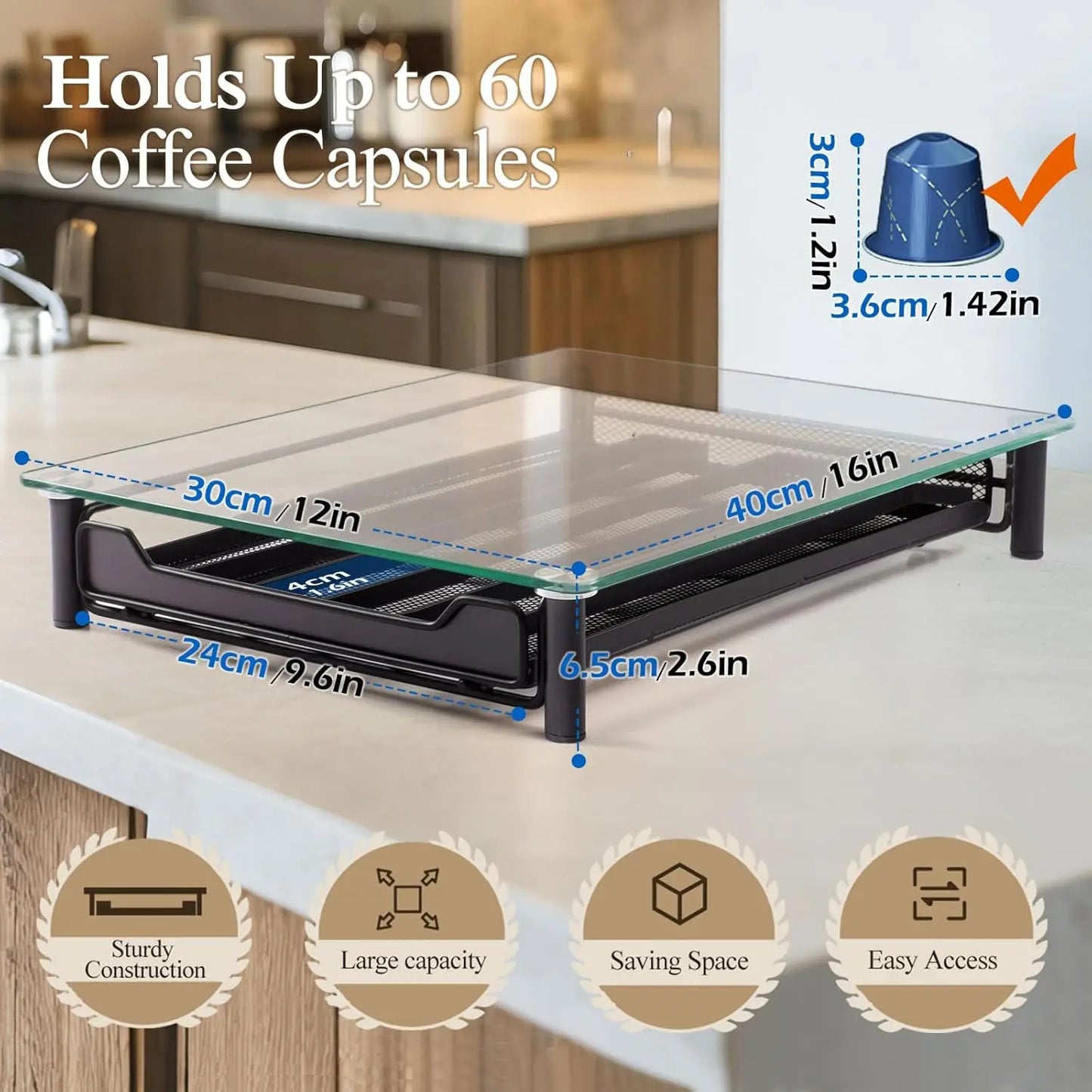 Metal Drawer Tempered Glass Nespresso Pod Storage