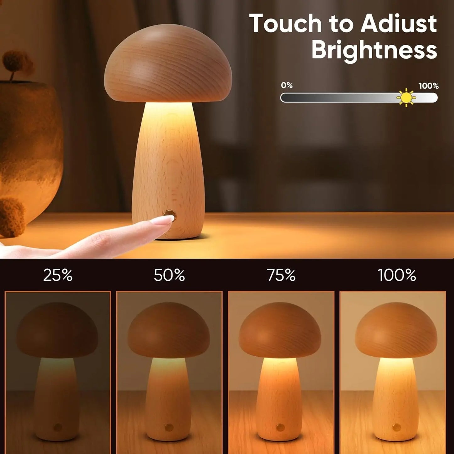 Dimmable Wooden Mushroom Night Light Rechargeable