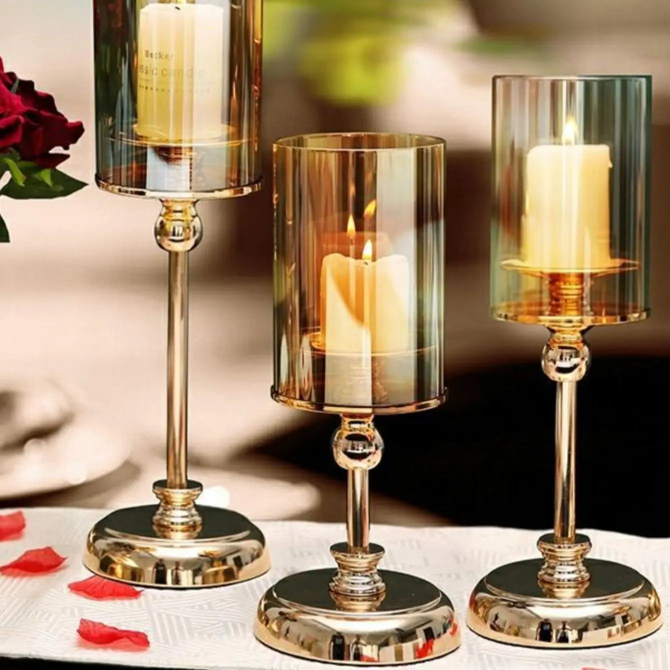 Golden Glass Pillar Candle Holder
