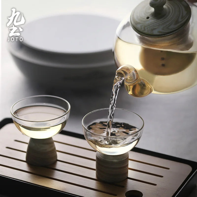 Handcrafted Glass Clear Teacup With Wooden Base
