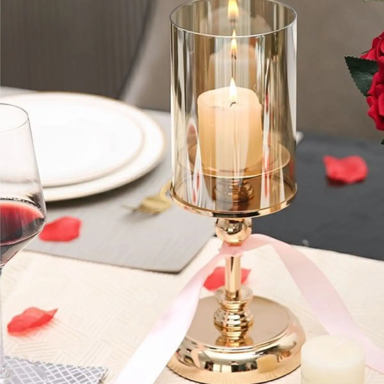 Golden Glass Pillar Candle Holder