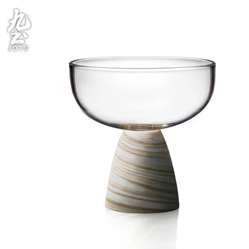 Handcrafted Glass Clear Teacup With Wooden Base