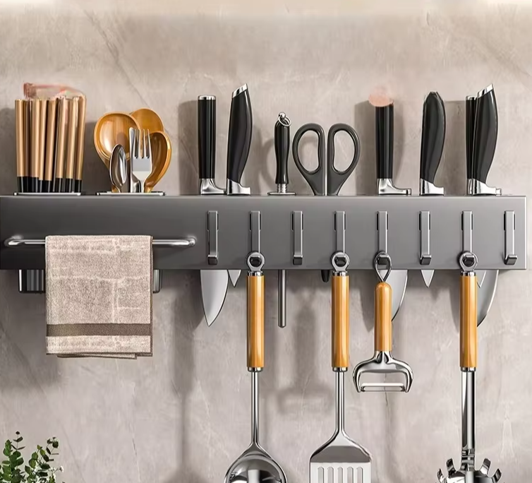 Discover the No Drill Wall Mounted Knife Holder Compact Organizer for Kitchen Utensils, offering space-saving storage and easy installation for your kitchen.