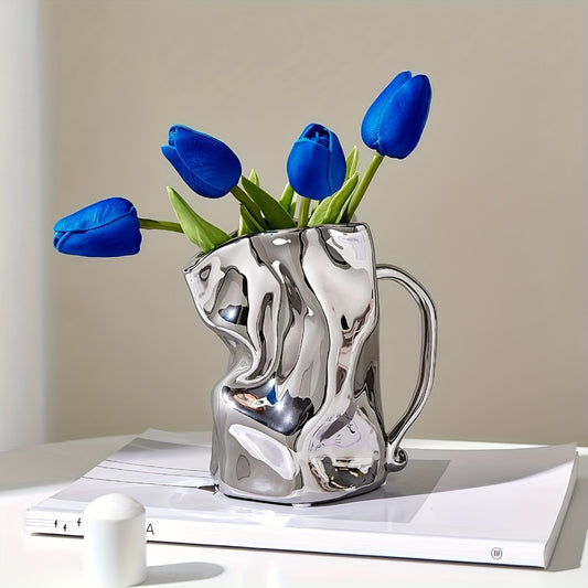 Elevate your space with our 1pc Silvery ceramic vase with handle, perfect for modern home decor, tabletop displays, and pampas grass arrangements.