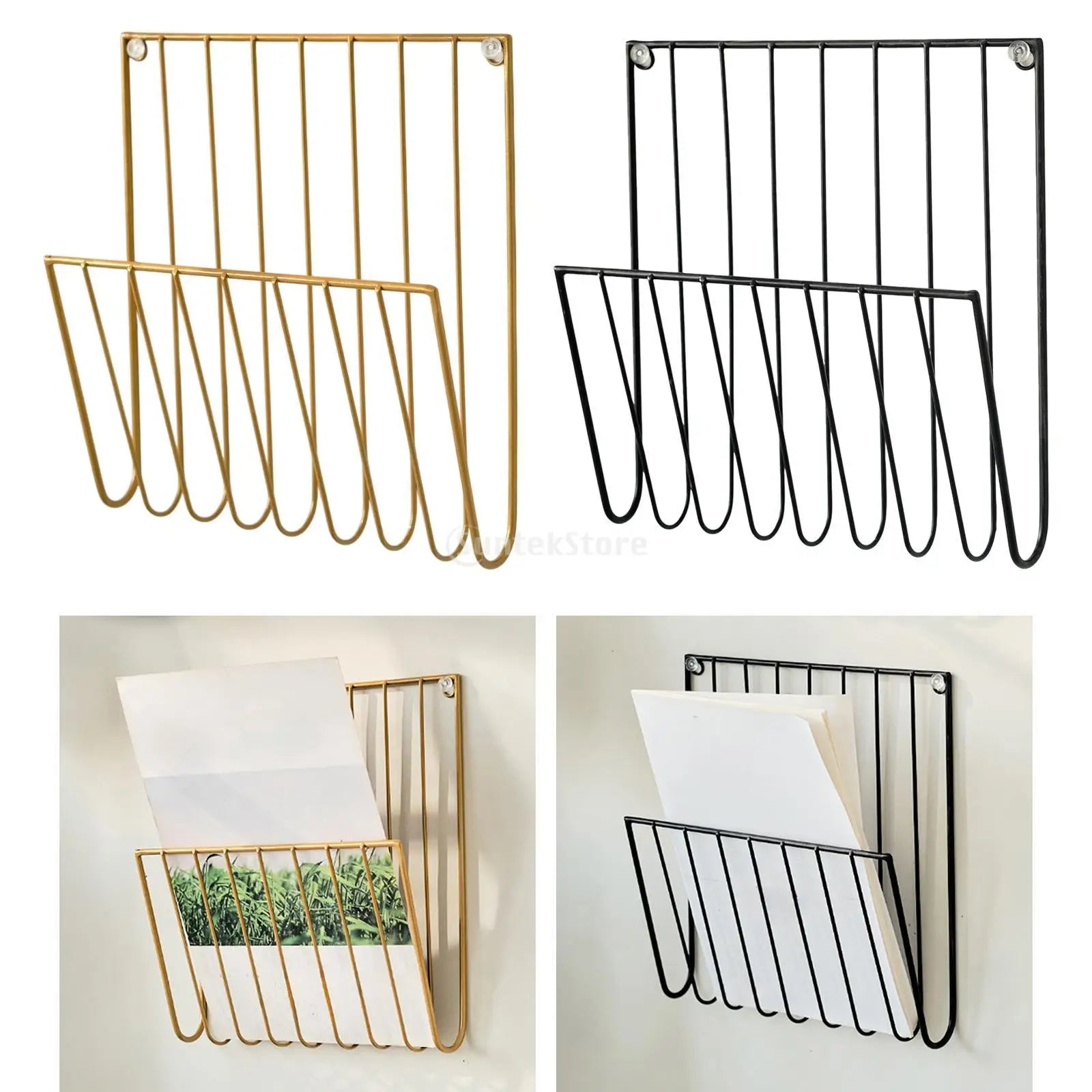 Two wall-mounted metal magazine racks, one gold and one black, with samples of magazines inside.