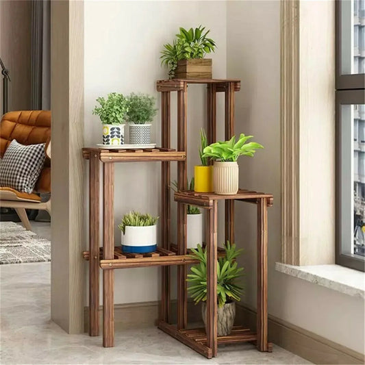 Premium Weatherproof Wooden Corner Plant Stand Display offers a six-tier outdoor garden shelf to showcase vibrant flowers and thriving succulents - shop now!