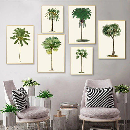 Vintage tropical palm tree illustrations—posters, prints and canvas botanical wall art to elevate home decor with timeless, nature-inspired palm motifs.