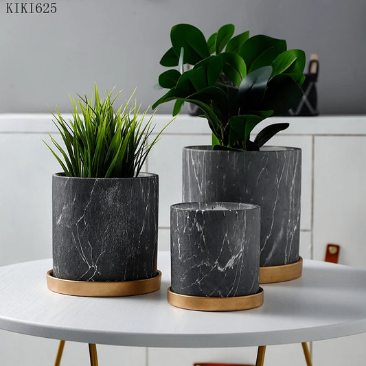 Enhance your space with the European Style Marbled Cylindrical Ceramic Flowerpot with Golden Tray, perfect for succulents and garden decoration.