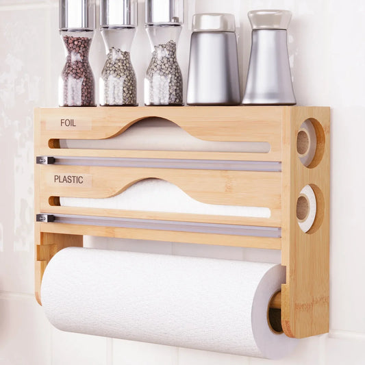 Keep your kitchen tidy with our Bamboo Kitchen Organizer Cutter Box, perfect for storing cling film, foil, and paper towels in style.