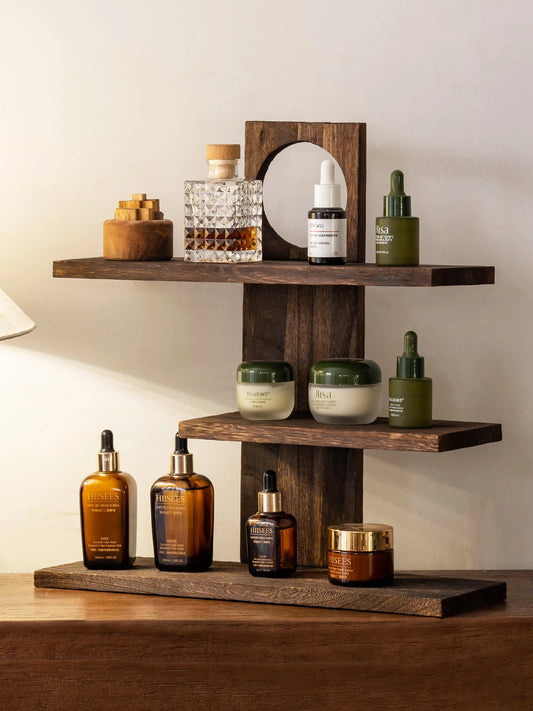 Desk Storage Organizer in rustic walnut finish keeps cups, cosmetics, and office essentials neatly stored, boosting space and workflow efficiency, Shop now