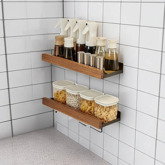 Organize your space with our Wooden Kitchen Rack Wall-Mounted Punch-Free Household Rack, perfect for seasoning, storage, and kitchen accessories.