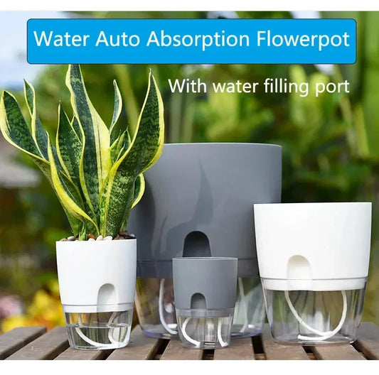 Self Watering Flower Pot: transparent double-layer pot with injection port and cotton rope for effortless watering now, Shop now!