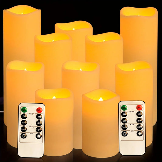 Illuminate your space with 4 and 10pcs Flameless Candles With Remote, featuring a 2/4/6/8H timer and waterproof design for indoor and outdoor use.