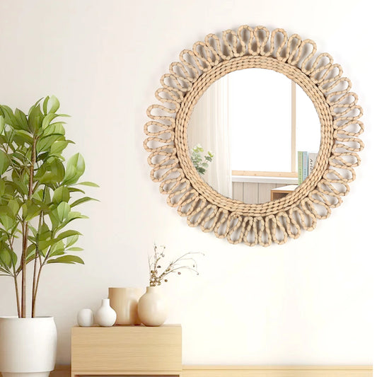 Enhance your decor with our Bohemian Woven Circular Mirror, featuring a stylish round design crafted from natural wood for a chic, earthy vibe.