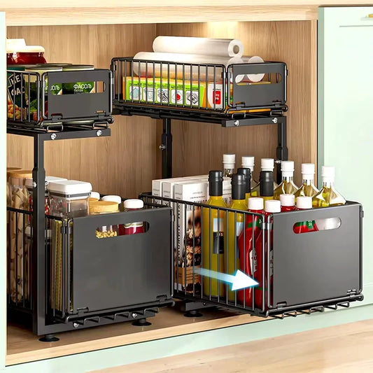 Under Sink Slide-Out Storage Rack, a 2-tier expandable organizer that pulls out for easy access, turning cramped cabinets into organized spice jars—shop now!