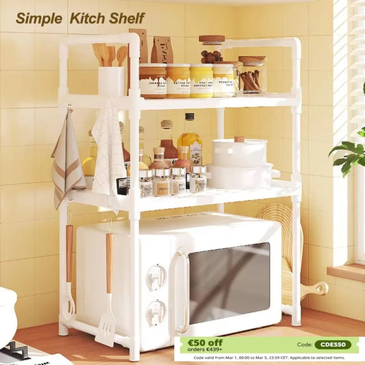 Organize your kitchen with the 2/3 Layers Kitchen Storage Shelf, a durable plastic spice rack perfect for countertop or microwave oven use.