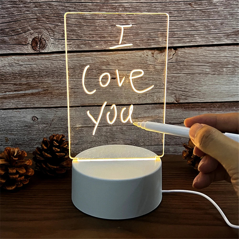 LED Night Light with a transparent acrylic message board delivers bright, erasable notes via USB—ideal desk decor, gift, or mood lighting today; Order now.