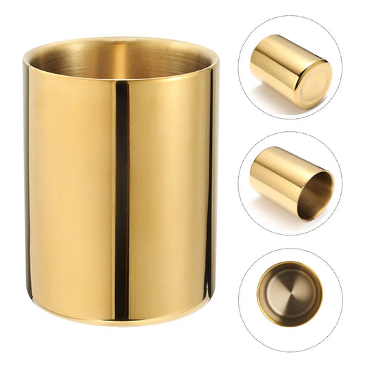 Organize your desk with this elegant gold stainless steel pen holder, perfect for pens, brushes, and small items—durable and stylish for any workspace.